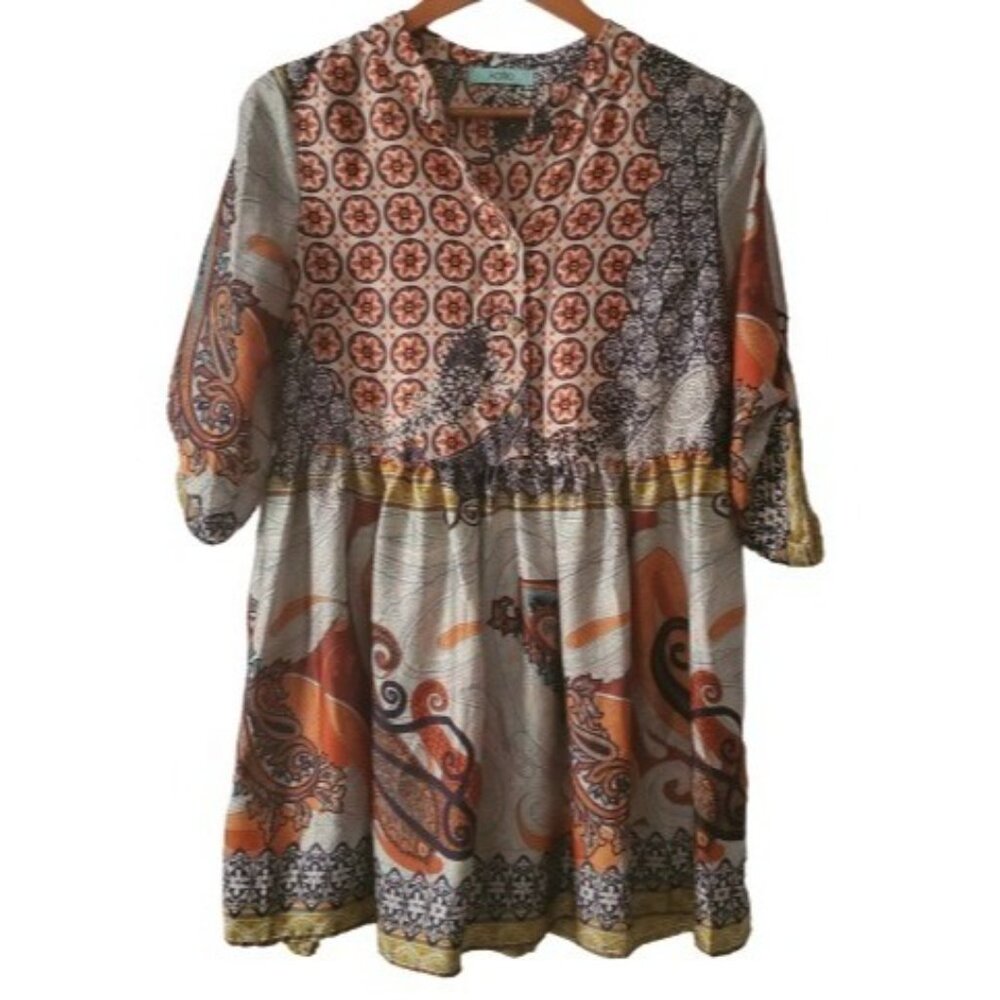 Karlie Women's Flowy Roll Tab Sleeve Multicolor Print Button Front Dress Small - Picture 2 of 11